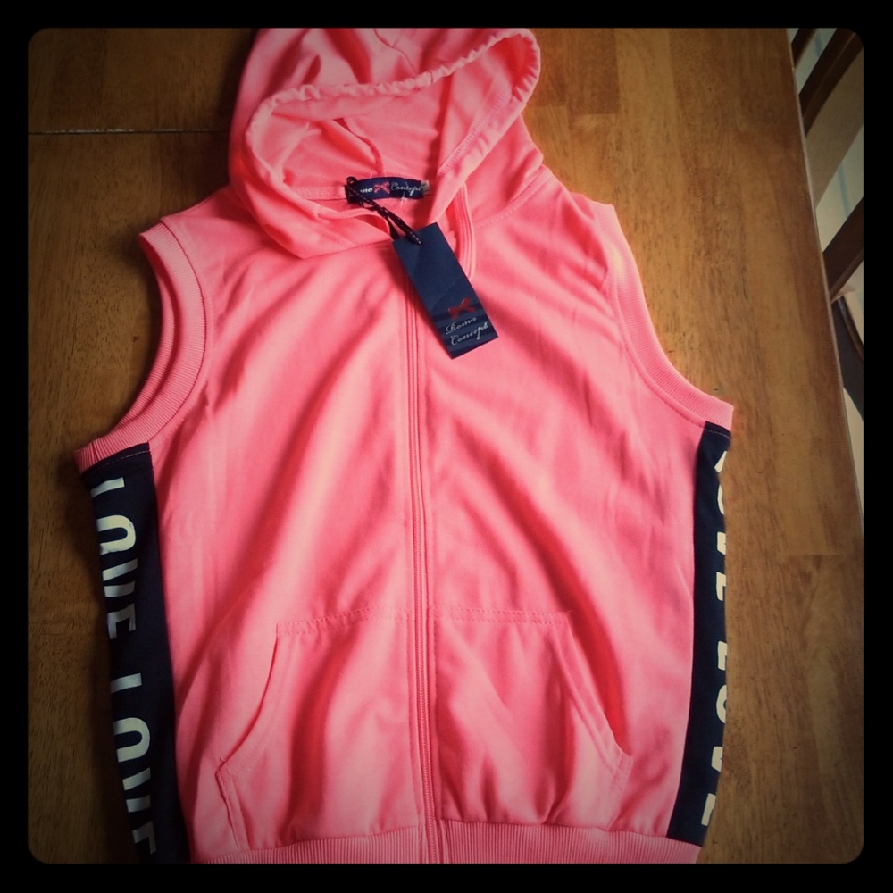 Neon Pink/ Orange cut off hoodie with "love"detail